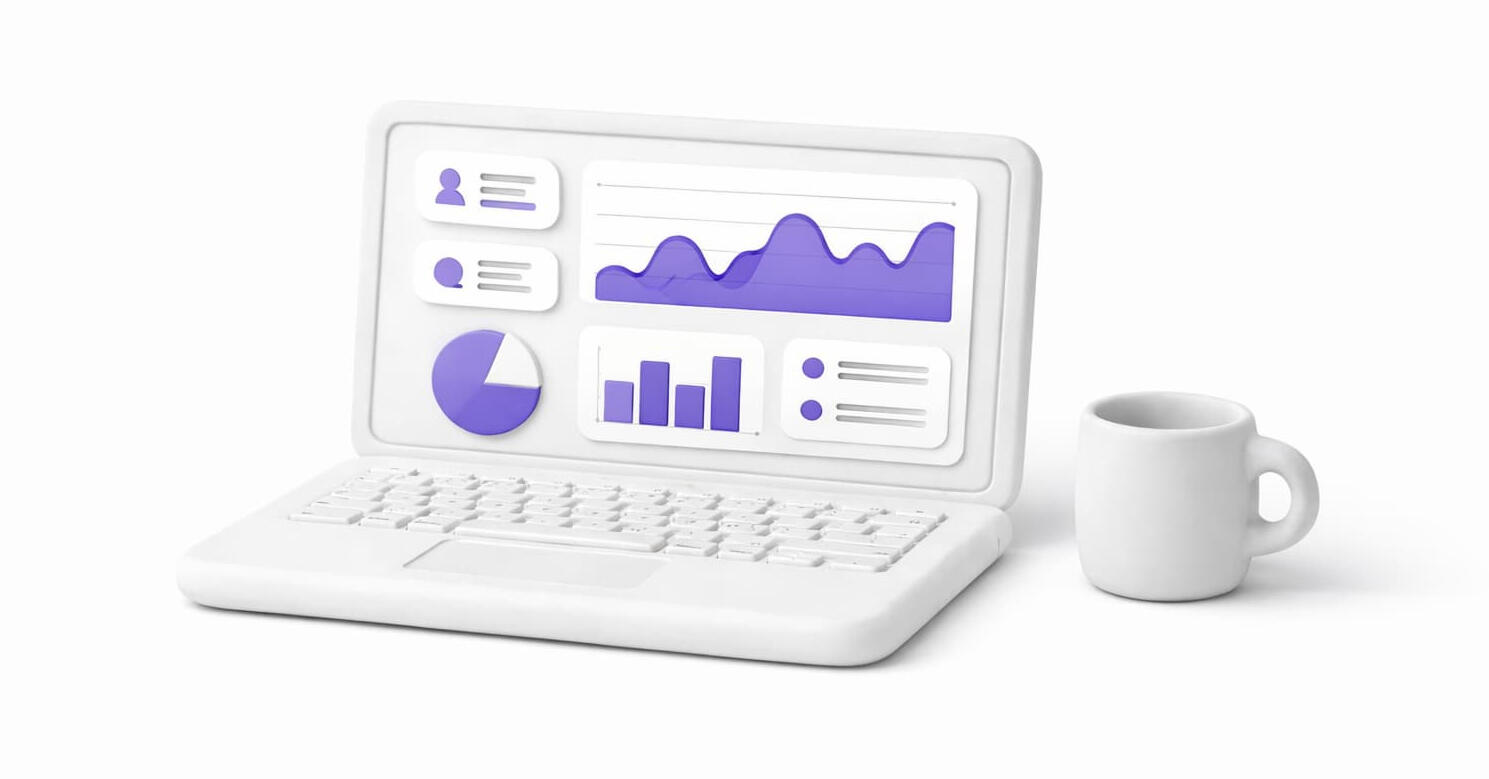 3D laptop with chart and coffee cup